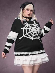 ROMWE Plus Size Women Gothic Lace Spider Web Patchwork Sweatshirt, Autumn/Winter Plus Size Hooded Pullover - Black - View 4
