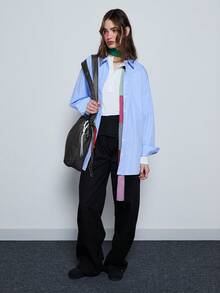 COUREZ Áo sơ mi công sở tay dài dáng rộng / Trang phục mùa đông Y2K cho nữ, áo sơ mi thường ngày, áo sơ mi công sở cho nữ, áo kiểu dự tiệc năm mới. - Màu xanh lam - Xem 2