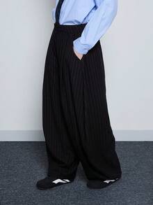 COUREZ Quần ống rộng cạp thấp kẻ sọc dáng suông/Trang phục mùa đông Y2K cho nữ, quần thường ngày, quần công sở, quần áo đi chơi, áo dự tiệc, năm mới, bộ đồ may đo mùa thu đông. - màu đen - Xem 5