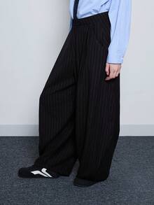 COUREZ Quần ống rộng cạp thấp kẻ sọc dáng suông/Trang phục mùa đông Y2K cho nữ, quần thường ngày, quần công sở, quần áo đi chơi, áo dự tiệc, năm mới, bộ đồ may đo mùa thu đông. - màu đen - Xem 6