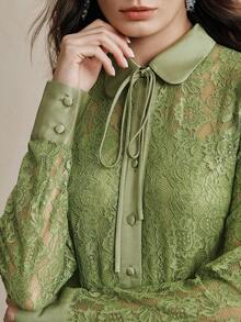 Anewsta 2pcs/Set Women's Green Lace Blouse Top And Satin Skirt, Spring New Elegant Mother's Day Outfit - Green - View 3