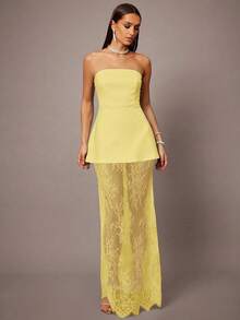 Silquee 2pcs/Set Black Cropped Bustier Top And Lace Hem A-Line Skirt, Suitable For Dates, Graduations, Concerts, Bridesmaid Skirt, Weddings, Romantic Occasions, Minimalist Style, Elegant Outfit For Daily Wear - Yellow - View 3