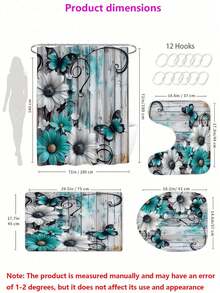 Set de 4 piese, set de baie elegant și simplu, albastru-verde, cu fluturi florali - perdea de duș și serie de covoare, cadou rafinat și practic pentru decorarea casei.