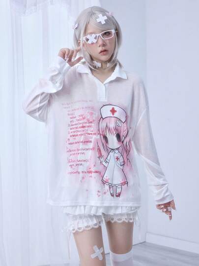 Kawaii Blusa de manga larga con cuello, cómoda y ligera, con estampado de jeringa y código de enfermera de anime