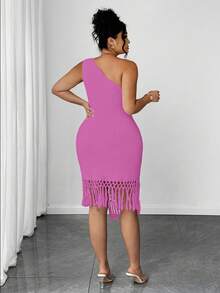 Elenzga Plus Size Women Cerise Pink Summer 70's Night Party Boho Asymmetrical Hem Sleeveless One Shoulder Crochet Fringe Bodycon Dress Beach Vacation Outfit - Red Violet - View 2