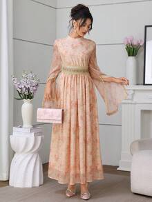 Al Najma 优雅立领系带喇叭袖连衣裙，春夏款 - 彩色 - 查看 4