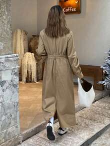 DAZY 实用风格翻领长袖衬衫裙，女士中长款连衣裙 - 卡其色 - 查看 2