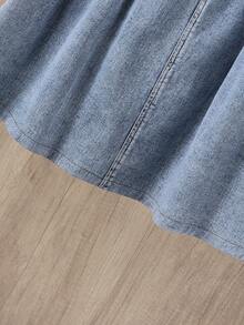Tween Girl Versatile Blue Denim Long Pleated Skirt, Suitable Everyday Wear, Streetwear And Back To School, Casual Denim Pleated Skirt, Frayed Hem Waist - Blue - View 5