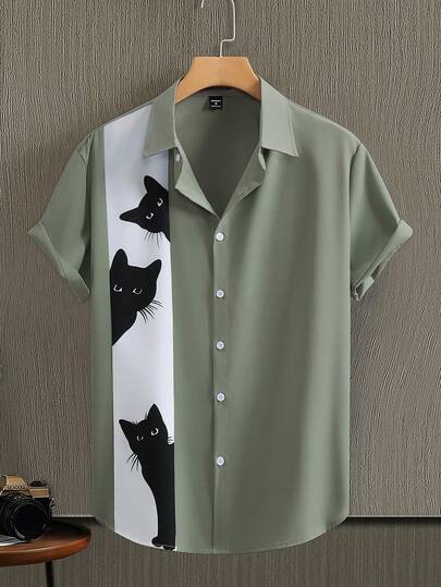 Manfinity Homme Men's Casual Colorblock Cat Print Shirt, Summer Men's Cartoon Shirts Color Green Men's Cat Shirt Men Shirts Men Shirts Short Sleeve Old Money,Daily Leisure, Weekend Trips, Outdoor Activities, Travel Expeditions, Relaxed Work Environments Or Semi-Formal Occasions, Boyfriend/Husband Gift, Anniversary /Birthday Gift Party Summer Vacation Holiday,Beach Clothes Hawaiian Wedding,Spring To Summer
