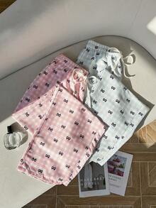 Dream Adore 2pcs Women Drawstring Waist Casual Plaid Bow Print Elastic Waist Straight Leg Lounge Pants Set - Multicolor - View 3