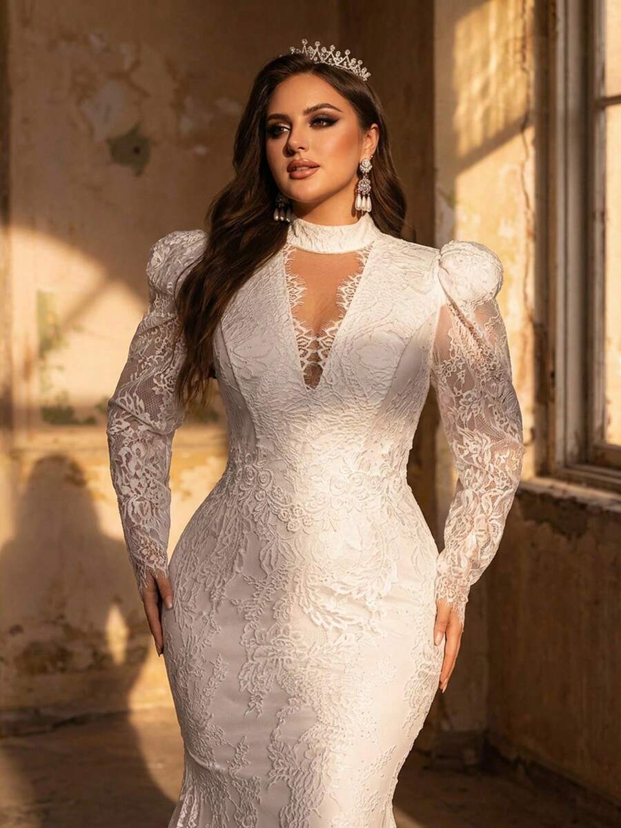 Glamrae 大码优雅浪漫奢华白色蕾丝立领羊腿袖修身鱼尾长裙，带拖尾，适合晚宴、度假、婚礼、新娘礼服