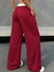 SHEIN 少女针织腰带撞色抽绳宽松阔腿复古运动学院风休闲校园运动裤 - 酒紅色 - 查看 2