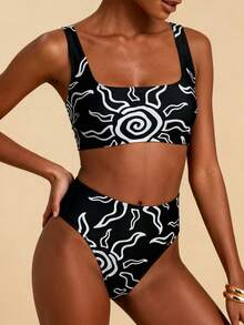 Swim Vcay Women's Casual Vacation Beach Party Black & White Printed Sleeveless Top And Versatile Swimsuit Bottom 2-Piece Swimwear Set, Spring/Summer