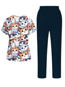 PopScrub Conjunto de Uniforme com Estampa de Gato Fofo Cartoon, Top Decote V de Manga Curta com Bolso e Calça com Bainha Dividida, Primavera/Verão - Multicolorido - Visão 2