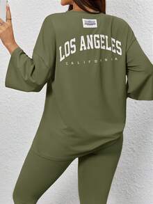 Mulvari 2pcs Women Casual Letter Print T-Shirt And Skinny Pants Set Jogger Sets For Women Comfy Sets Women 2 Piece Lounge Sets Woman 2 Piece Casual Sets Woman - Army Green - View 2