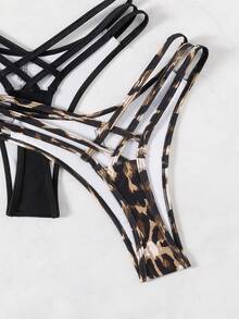 Swim SXY 女士夏季沙滩泳裤套装（2件装），1件纯色，1件随机豹纹性感丁字比基尼泳裤 - 彩色 - 查看 5