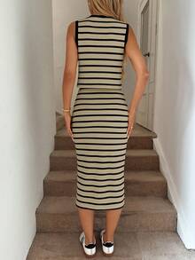 Easowa VKing 纽扣前襟背心和修身侧开衩半裙撞色条纹休闲度假优雅女装，春夏款 - 卡其色 - 查看 2