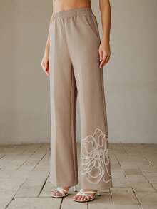 Anewsta 优雅时尚休闲外出/派对针织弹力抽绳刺绣3D花卉卡其色女式运动裤，春夏、新年、情人节穿搭 - 卡其色 - 查看 6