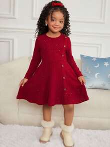 SHEIN 年轻女孩优雅休闲红色亮片毛绒针织罗纹圆领套头衫开叉设计中长连衣裙，适合上学、日常休闲、秋冬、圣诞节红色连衣裙 - 紅色 - 查看 6