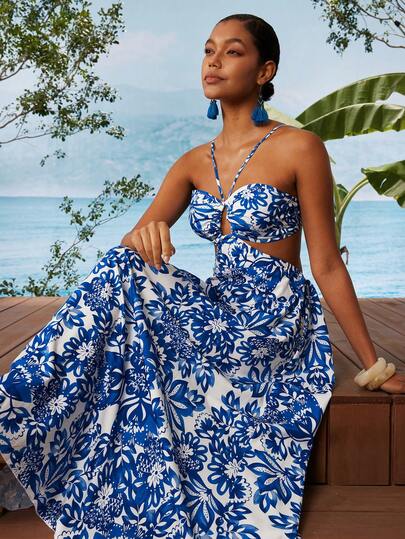 Travachic Vestido casual con estampado floral sin espalda para vacaciones de mujer