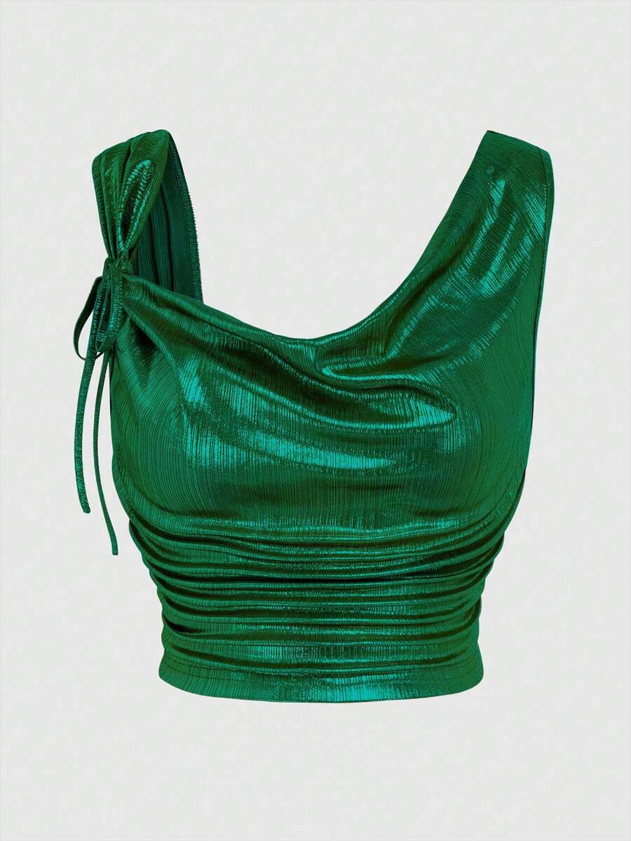 Olithes Women's Fashionable Pleated Cropped Fitted Tank Top, Summer Green Shimmer Top Green Top Women Green Tops Emerald Green Top Bow Shoulder Top - Green - View 1
