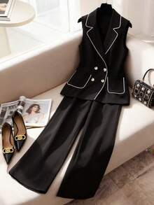 Franclia Women's Elegant Contrast Trim Button Front Sleeveless Blazer And Pants Suit - Black - View 4