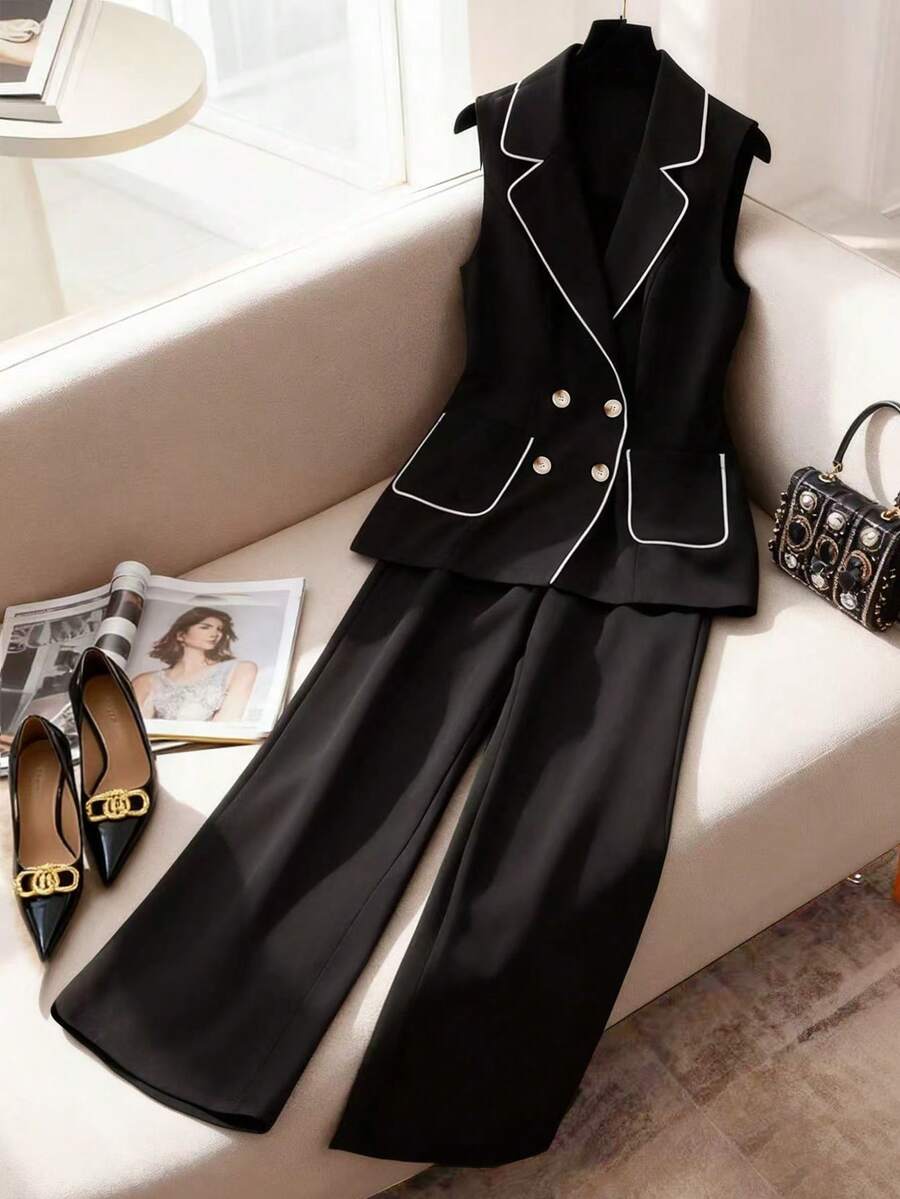 Franclia Women's Elegant Contrast Trim Button Front Sleeveless Blazer And Pants Suit - Black - View 1