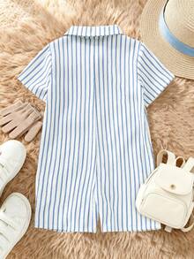 SHEIN Baby Boy Casual Striped Button-Front Pocket Short Sleeve Romper, Summer - Baby Blue - View 2