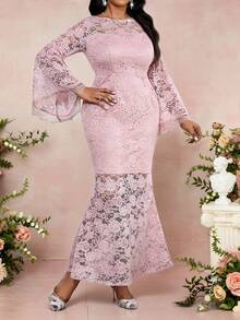 SHEIN Lady Plus Size Women Floral Lace Flared Sleeve Fishtail Hem Elegant Dress Elegant Dresses Lace Pattern Dress Elegant Woman Clothing Elegant Solid Color Dress Elegant Casual Dresses Pink Dress Formal Dresses For Women Christmas Dresses For Women - Pink - View 5
