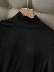 SHEIN PETITE 2pcs/Set Women Black Long Sleeve Fitted Top & PU Skirt - Multicolor - View 5