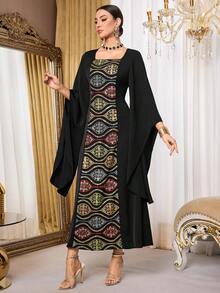 Al Najma Women's Floral Embroidered Square Neck Flare Sleeve Elegant Arabic Style Dress - Black - View 5
