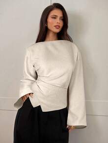 Aloruh Áo chui đầu cổ chữ V tay loe dài, dáng rộng, viền bất đối xứng, eo nhún, thời trang mới cho nữ mùa thu/đông - Màu be - Xem 4