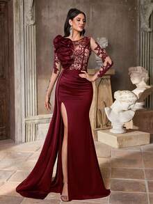Aureia Elegant Luxurious Sequins Embellished Satin V-Neck Chiffon Extra Long Draped Sleeve Pleated Front Fishtail Formal Shawl, Suitable For All Formal Occasions, Parties, Galas, Weddings, Formal Dinner Dresses - Burgundy - View 6