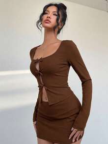Aloruh Young Lady's Crew Neck Front Hollow Bow Tie Long Sleeve Tight Cropped T-Shirt + Low Waist Mini Skirt - Rust Brown - View 4