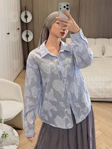 DAZY Loose Fit Striped Color Block Textured Floral Pleated Long Sleeve Casual Business Shirt For Women, Suitable For Autumn & Spring - Blue - View 11