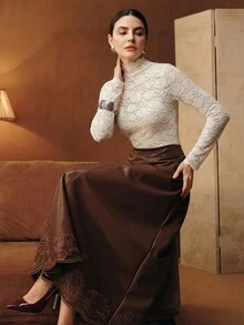 Anewsta 女士秋冬蕾丝玫瑰镂空荷叶边下摆杏色休闲/工作高领修身T恤，适合新年、圣诞节、情人节等场合 - 杏色 - 查看 6