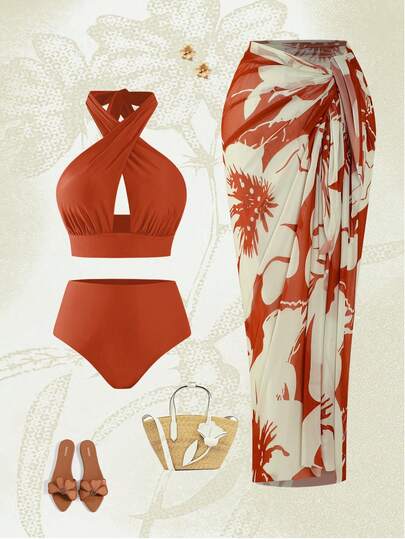 Swim Oasis Conjunto de traje de baño vintage de talla grande con 3 piezas, incluyendo un top de halter y una falda envolvente de malla con estampado floral rojo-marrón, un estilo de vacaciones estilizador