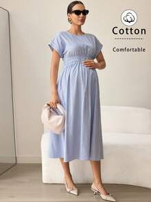 MaterniWear 孕妇圆领插肩袖束腰条纹连衣裙 - 藍色 - 查看 4