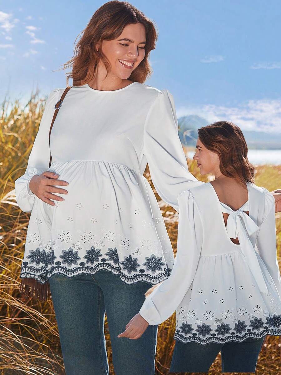 Boho Mama 春季女士孕妇圆领常规肩部宽松休闲衬衫，孕妇长袖上衣，后背系带，刺绣下摆 - 白色 - 查看 1