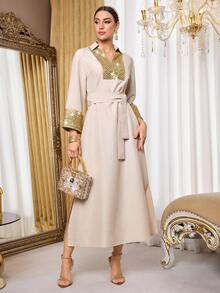 Al Najma Women's Elegant Arabic Style Dress With Collar, Sequin Trim, Waist Tie Detail Kaftan Jalabiya Dress - Apricot - View 4