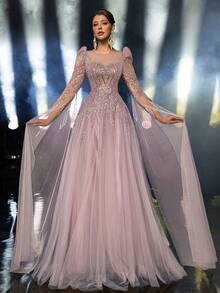 Glamrae Elegant, Luxurious, Beaded & Sequin Sleeve Flare Dress, Suitable For Weddings, Parties, Vacations, Galas, Formal Events - Baby Pink - View 1