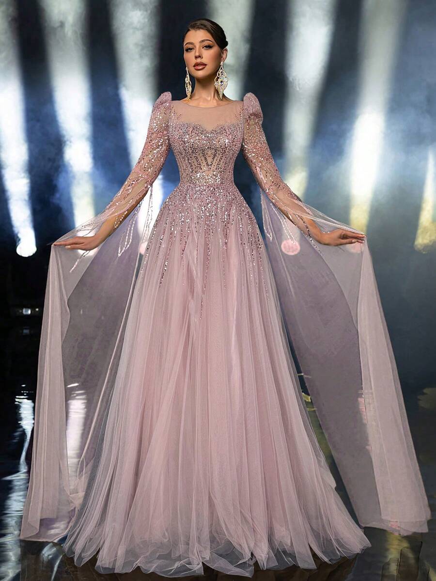 Glamrae Elegant, Luxurious, Beaded & Sequin Sleeve Flare Dress, Suitable For Weddings, Parties, Vacations, Galas, Formal Events - Baby Pink - View 1