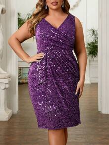 SHEIN Belle 大码不对称裹身优雅亮片V领短款派对连衣裙，橄榄绿 - 紫色 - 查看 5