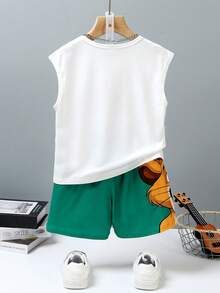 2pcs/Set Kids Boy Cartoon Lion Printed Sleeveless Tank Top+Shorts Outfit,Summer,Matching,Family Vacation White TopGreen Shorts Daily School Wear - White - View 4