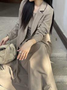 DAZY 女士纯色翻领长袖外套和无袖连衣裙休闲两件套 - 卡其色 - 查看 8