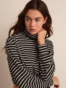 Easelle Women Black & White Striped Turtleneck Crop Top Summer/Fall - Black and White - View 5
