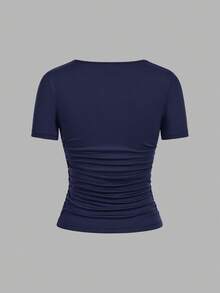 SHEIN EZwear Bộ 4 áo thun nữ tay ngắn cổ tròn màu trơn, kiểu dáng tối giản, thoải mái, phù hợp cho mùa xuân/hè, lễ hội, áo tay ngắn ôm dáng. - Nhiều màu - Xem 7