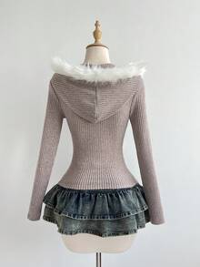 Elamini 女士白色针织抓绒罗纹仿毛领长袖修身短款拉链连帽卫衣，休闲、运动、百搭，适合通勤、上学、日常穿着、约会以及秋冬季穿着。 - 粉色 - 查看 2