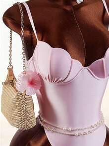 Amplova 1pc Women's Seashell Shaped Cup One-Piece Swimsuit, Satin Shiny Adjustable Strap Backless Sexy Swimwear Vacation Outfit Vacation Outfits Women Holiday Outfits For Women Elegant Women's Beach Swimsuit - Mocha Brown - View 8
