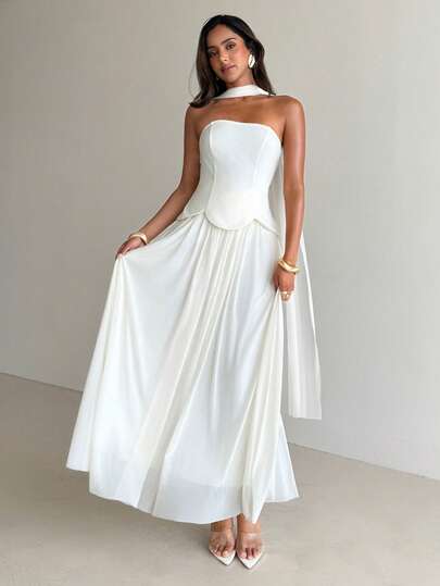 Aloruh Women's New Strapless Ruffle Hem Dress, Autumn/Winter